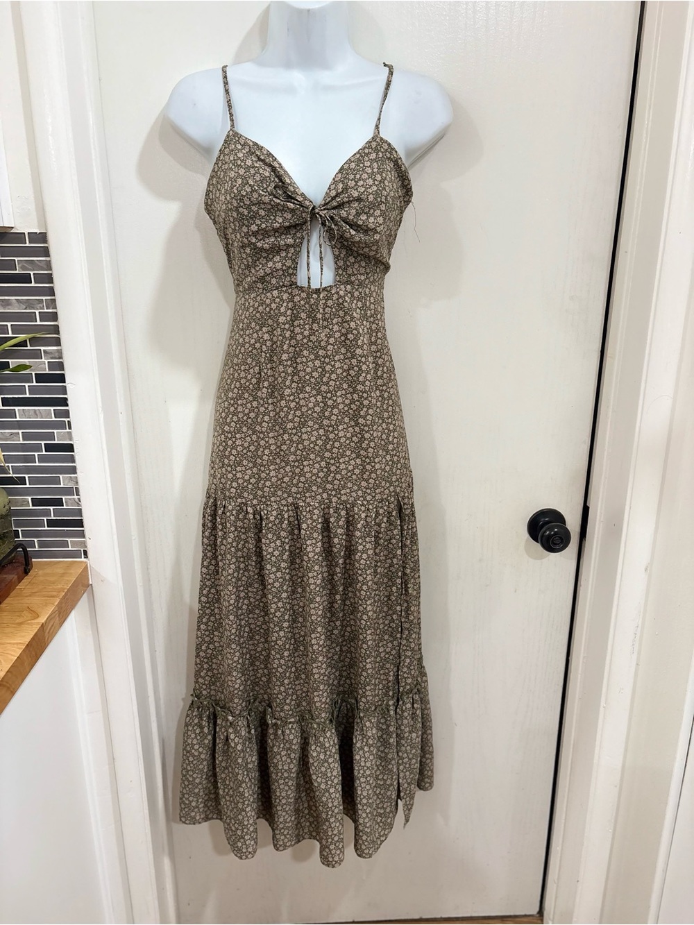 Blush Olive Brown Floral Midi Dress with Tie-Front